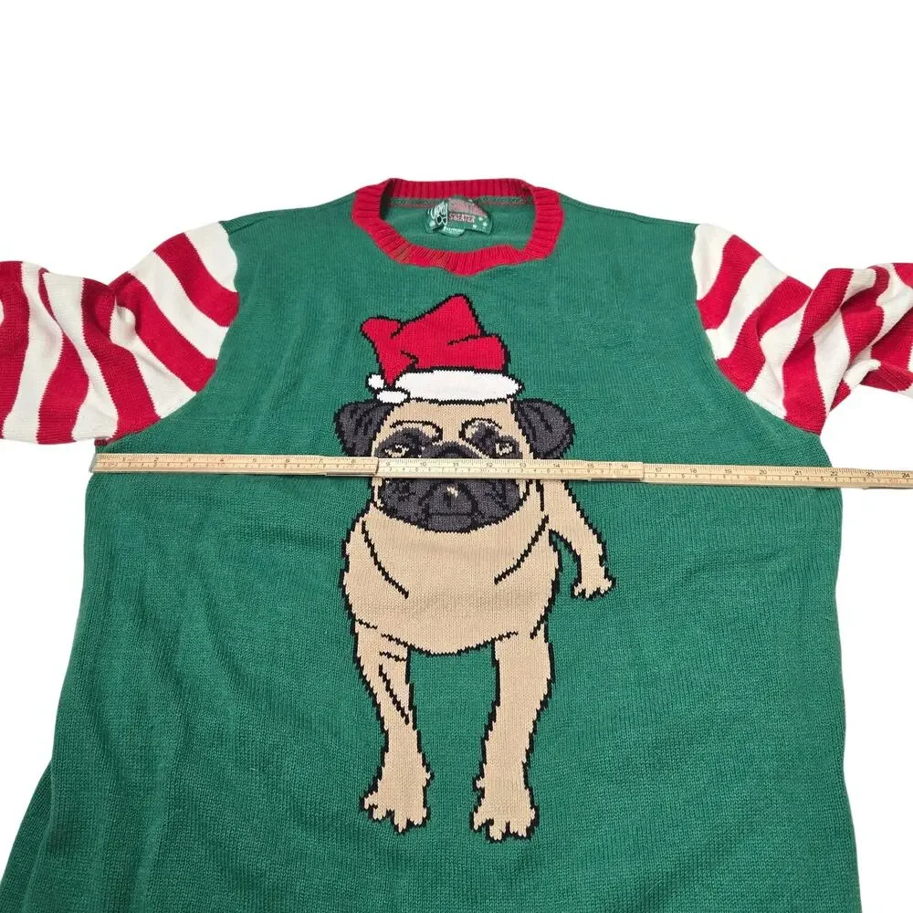 Ugly Christmas Sweater XL Pug Puppy Dog Santa‎ hat Green Striped Holiday Funny
